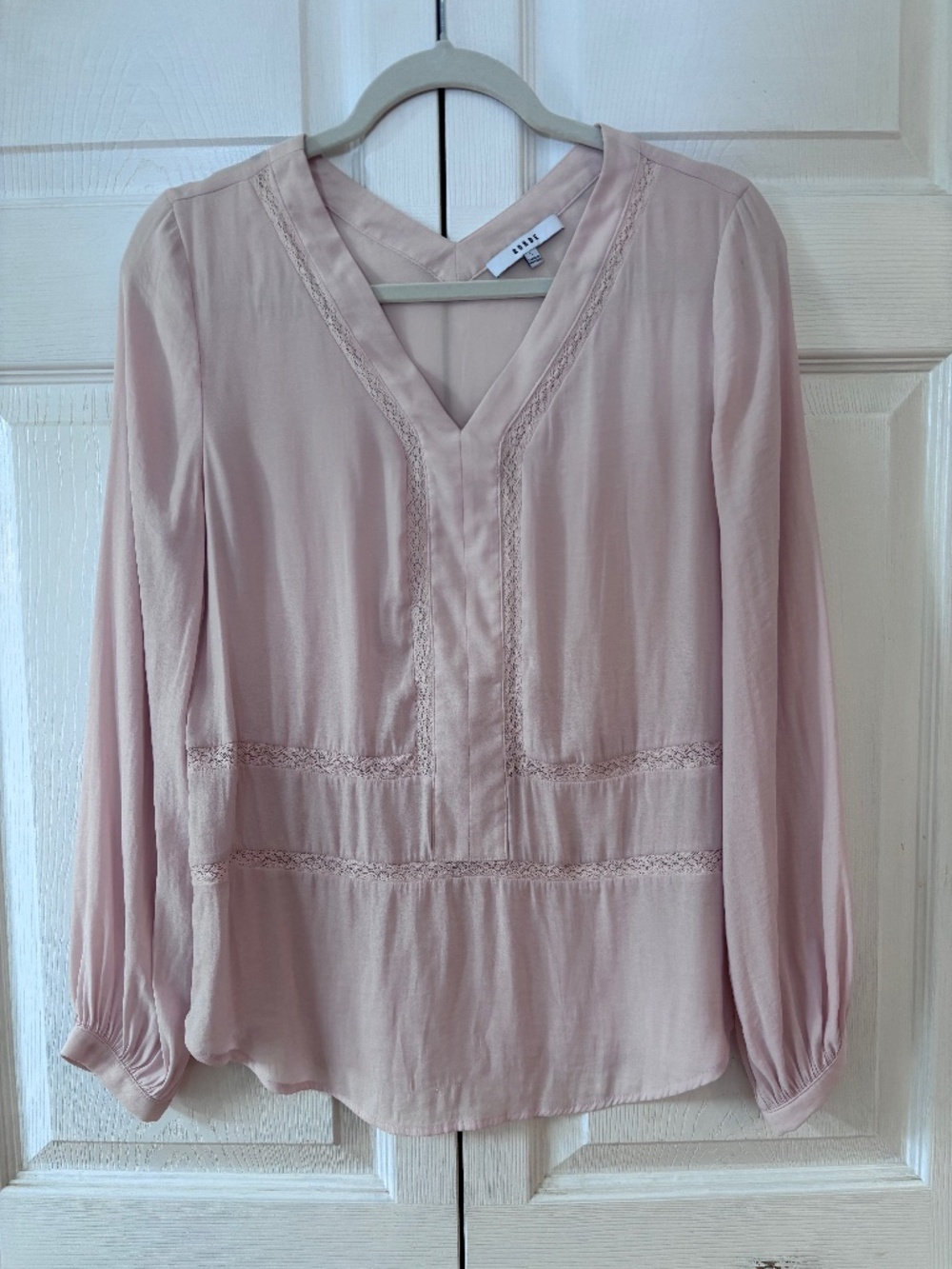 RO & DE Blush Pink V-Neck Lace-Trim Long Sleeve Top Size S